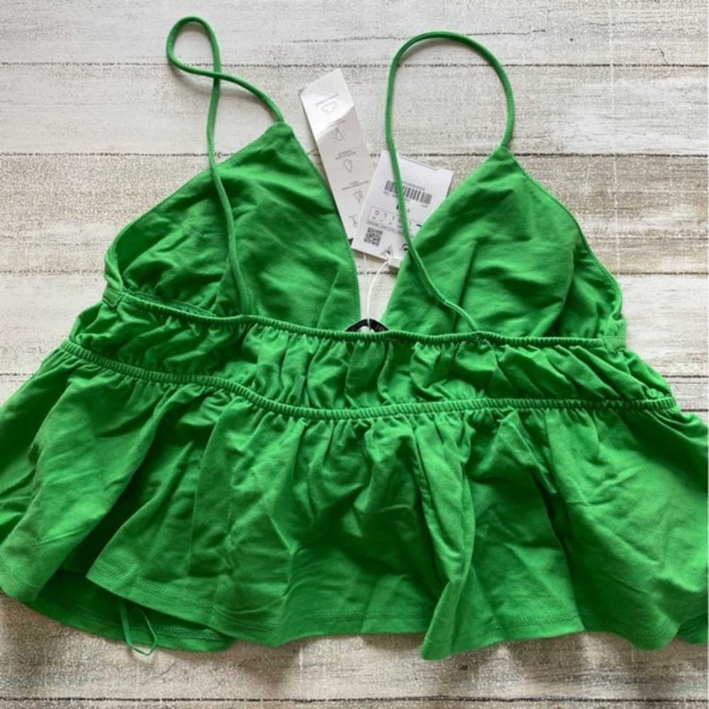 Zara Green Ruffled Cropped Tank Top Size L - Picture 6 of 9